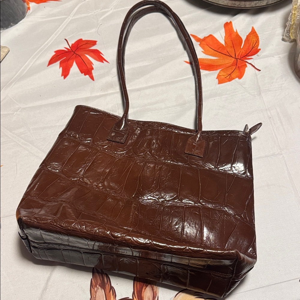 Elegant Brown Crocodile-Embossed Tote Bag